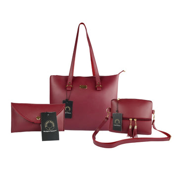 Maroon Vegan Leather Tote 3-Piece Hand Bag