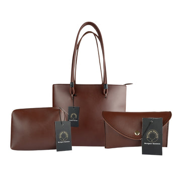 Chic Brown Vegan Leather Tote 3-Piece Hand Bag
