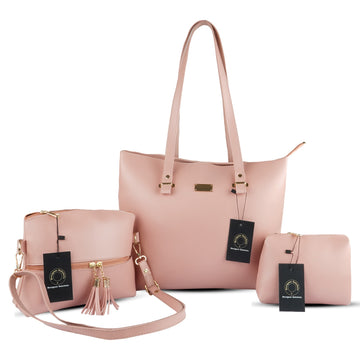 Pink Vegan Leather 3-Piece Handbag Set Elegant Tote