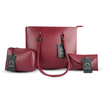 3-Piece Maroon Leather Handbag Set Chic Tote Crossbody & Clutch